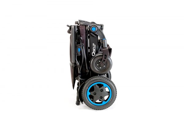 Folded Blue Q50R Powerchair Derby Mobility