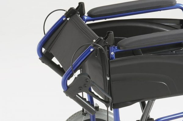 Blue framed Invacare Alu Lite wheelchair with backrest folded