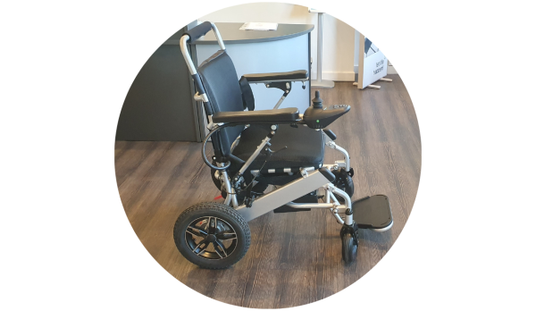 Remote Control Folding Powerchair by Derbyshire Mobility, unfolded, side on